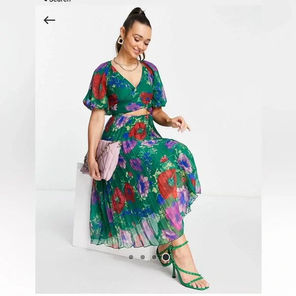 ASOS Design wrap around pleated midi dress in green floral print-Multi